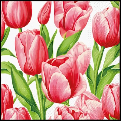 Tavaszi tulipánmintás szalvéta piros és rózsaszín virágokkal, 33x33 cm, 3 rétegű