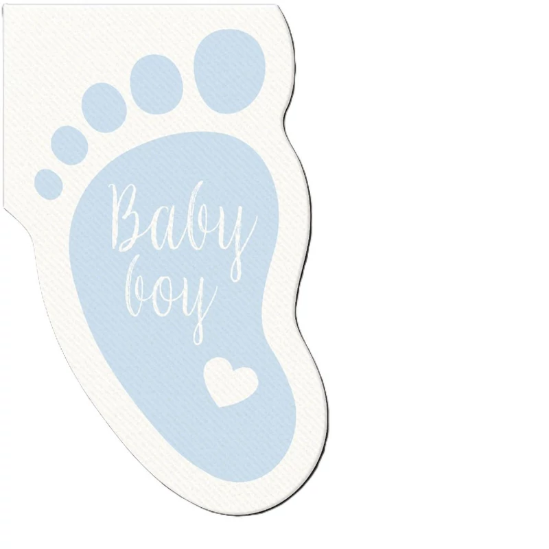 Kisfiú babaváró szalvéta, kék lábnyom alakú, Baby boy felirattal.