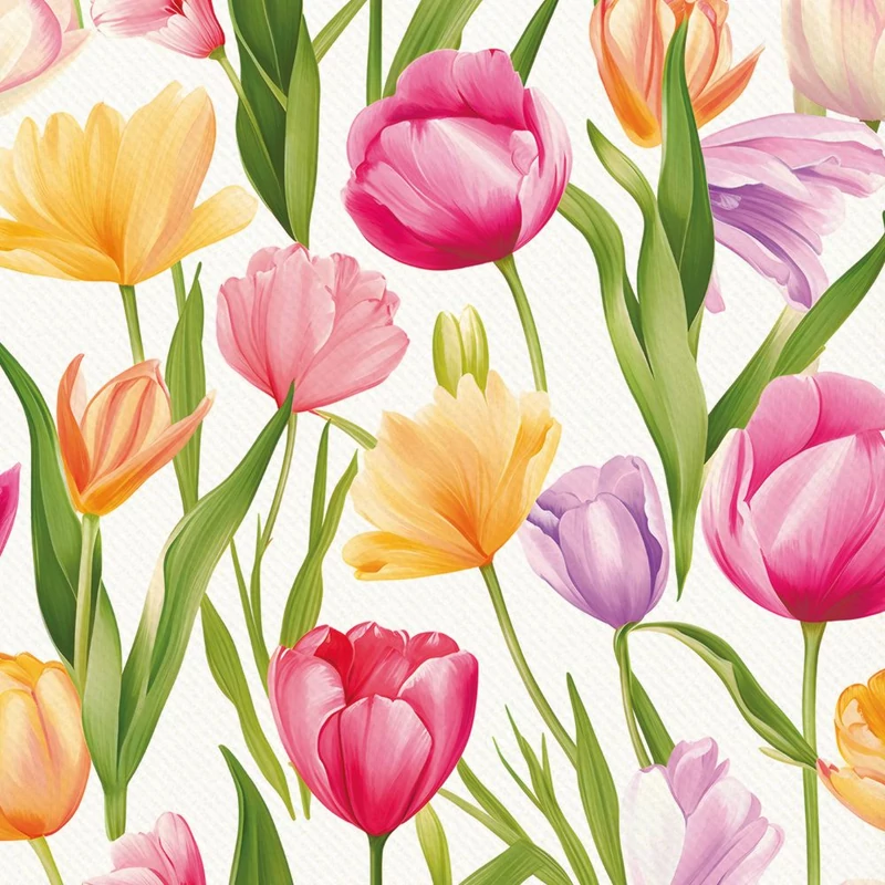 Színes tulipánokkal díszített fehér ünnepi textilhatású szalvéta esküvői terítékhez.