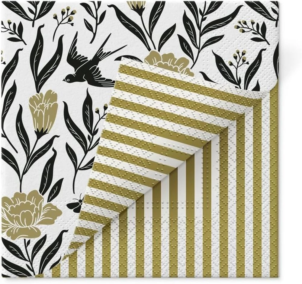 PAW Kétoldali mintás papírszalvéta 33x33 cm 3 rétegű 20 lap/csomag Fecskék arany csíkokkal