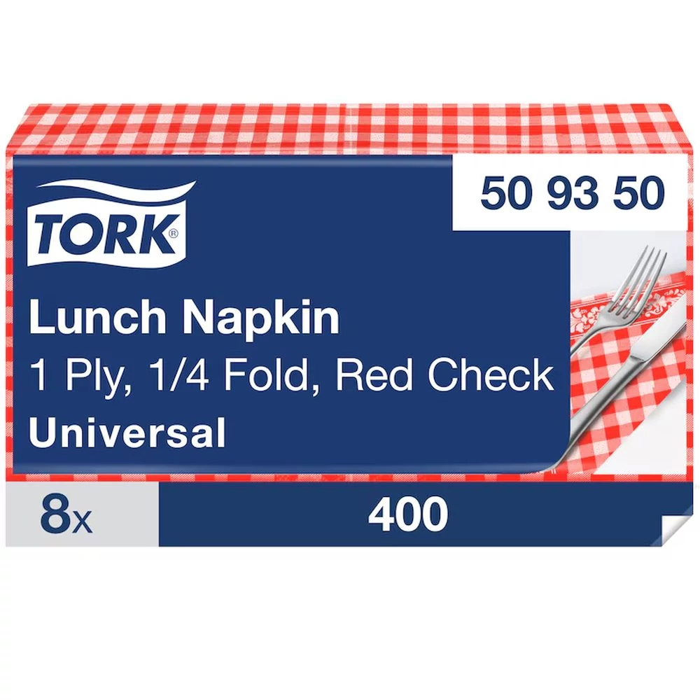 Tork papírszalvéta 1 réteg 33x33 cm 1/4 hajtású 400 lap piros kockás